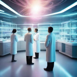 A futuristic laboratory scene depicting the founding of eternal youth and immortality due to a groundbreaking experiment