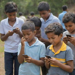 A group of young boys enthusiastically engrossed in their mobile phones.