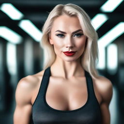 A blonde, alluring Russian gym instructor with red lipstick and smokey makeup, posing confidently in a gym environment