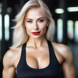 A blonde, alluring Russian gym instructor with red lipstick and smokey makeup, posing confidently in a gym environment