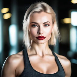 A blonde, alluring Russian gym instructor with red lipstick and smokey makeup, posing confidently in a gym environment