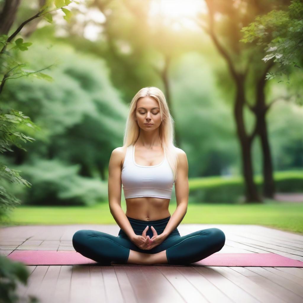 A beautiful Russian blonde woman practicing yoga in a serene outdoor setting