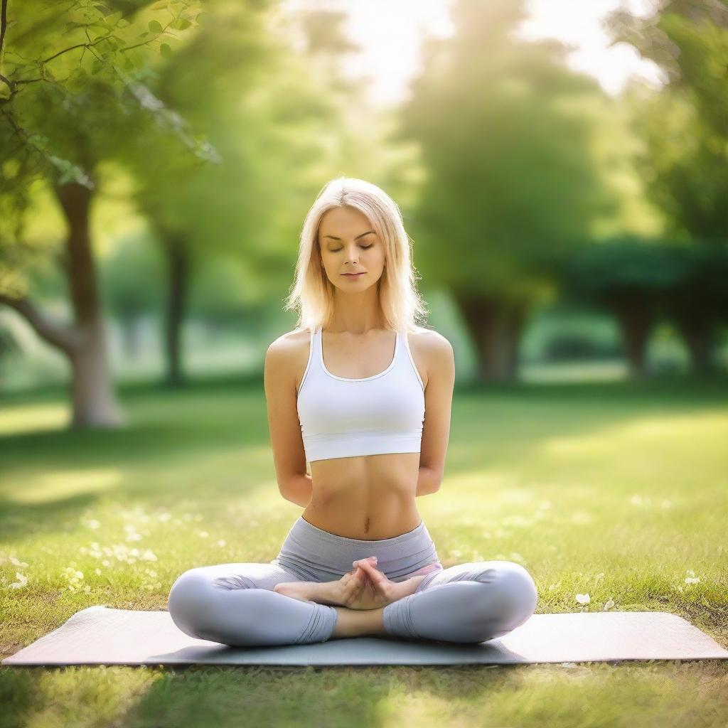 A beautiful Russian blonde woman practicing yoga in a serene outdoor setting