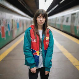 casual photograpy medium body, red bull race team blue jacket, sneakers, female , 23 year old with green eyes and black long hai with withe streaks in the bangs .,freckles, selfie, graffiti background subway, medium distance shot, 4k hd,  --styerw--v 5.2 ar 2-3