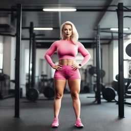 A beautiful Russian blonde woman with full makeup and red lipstick, working out in a gym