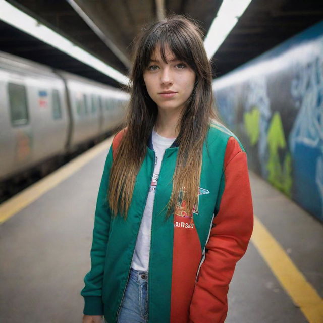 casual photograpy medium body, red bull race team blue jacket, sneakers, female , 23 year old with green eyes and black long hai with withe streaks in the bangs .,freckles, selfie, graffiti background subway, medium distance shot, 4k hd,  --styerw--v 5.2 ar 2-3