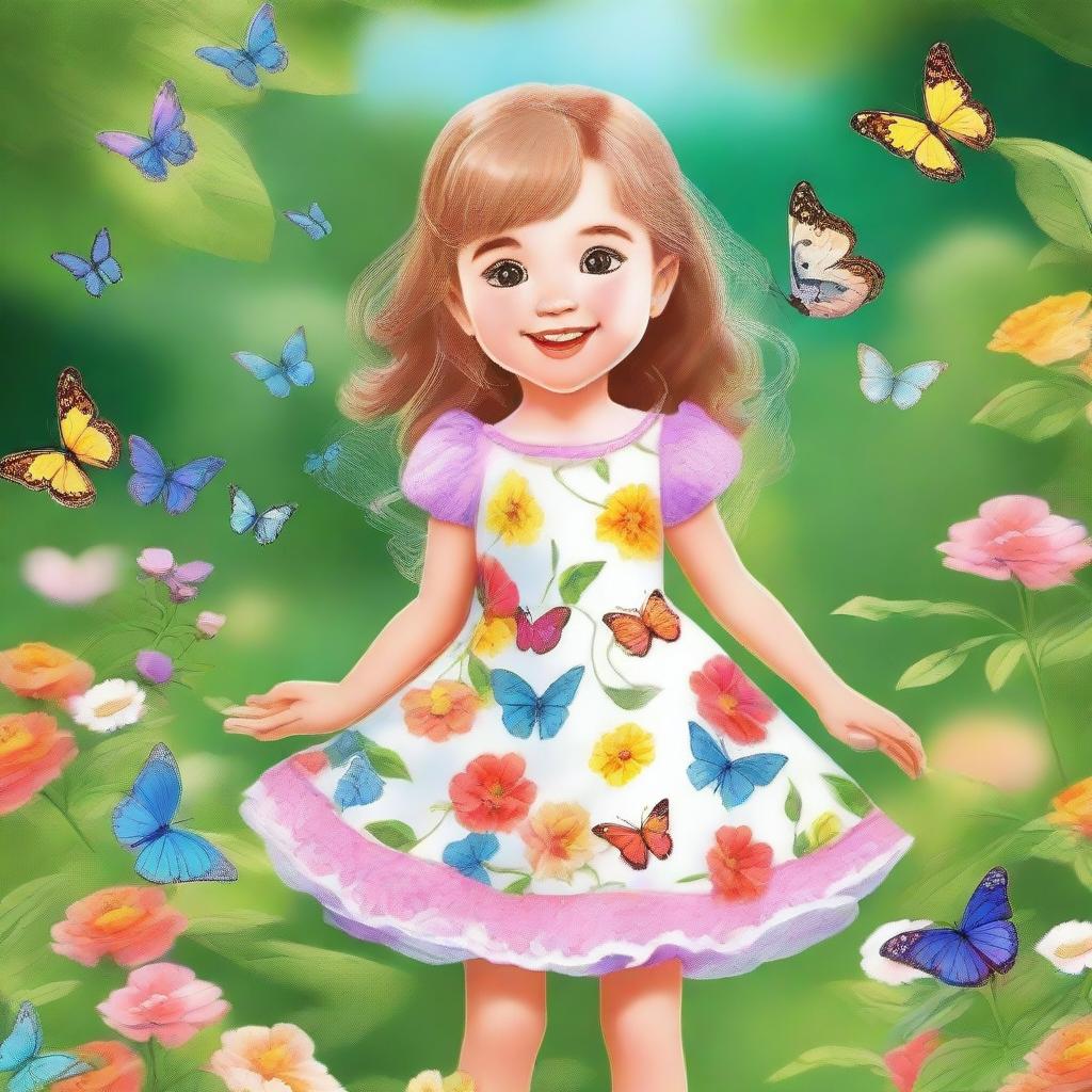 A cute little girl with a joyful smile, wearing a colorful dress and playing in a beautiful garden filled with flowers and butterflies