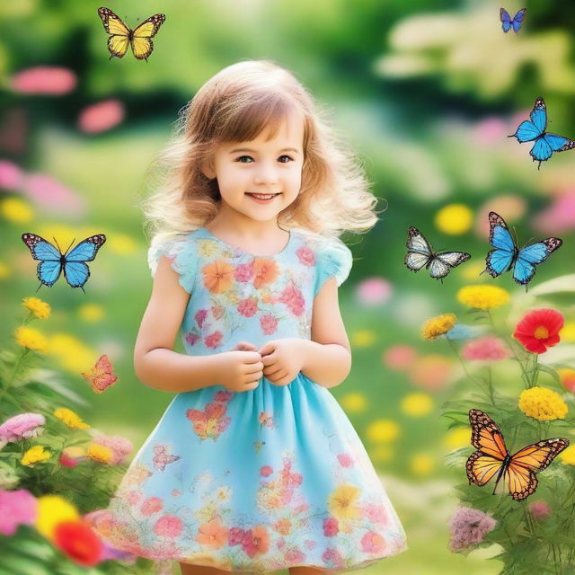 A cute little girl with a joyful smile, wearing a colorful dress and playing in a beautiful garden filled with flowers and butterflies