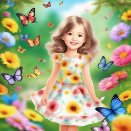 A cute little girl with a joyful smile, wearing a colorful dress and playing in a beautiful garden filled with flowers and butterflies