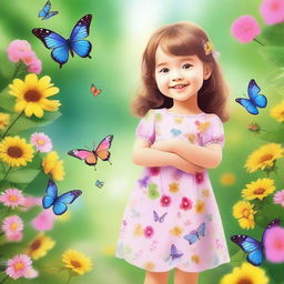 A cute little girl with a joyful smile, wearing a colorful dress and playing in a beautiful garden filled with flowers and butterflies