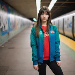 casual photograpy medium body, red bull race team blue jacket, sneakers, female , 23 year old with green eyes and black long hai with withe streaks in the bangs .,freckles, selfie, graffiti background subway, medium distance shot, 4k hd,  --styerw--v 5.2 ar 2-3