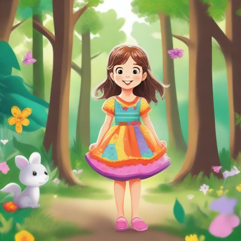 A cute little girl with a joyful smile, wearing a colorful dress and playing in a lush forest filled with tall trees, vibrant plants, and woodland creatures