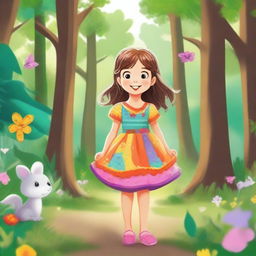 A cute little girl with a joyful smile, wearing a colorful dress and playing in a lush forest filled with tall trees, vibrant plants, and woodland creatures