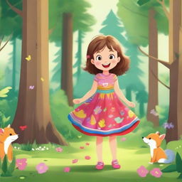 A cute little girl with a joyful smile, wearing a colorful dress and playing in a lush forest filled with tall trees, vibrant plants, and woodland creatures