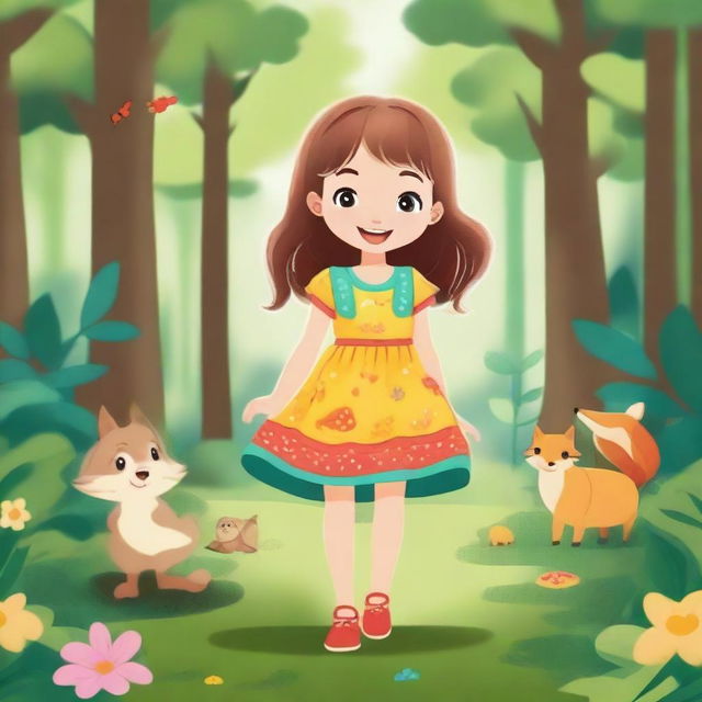 A cute little girl with a joyful smile, wearing a colorful dress and playing in a lush forest filled with tall trees, vibrant plants, and woodland creatures