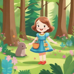 A cute little girl with a joyful smile, wearing a colorful dress and playing in a lush forest filled with tall trees, vibrant plants, and woodland creatures