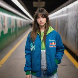 casual photograpy medium body, red bull race team blue jacket, sneakers, female , 23 year old with green eyes and black long hai with withe streaks in the bangs .,freckles, selfie, graffiti background subway, medium distance shot, 4k hd,  --styerw--v 5.2 ar 2-3