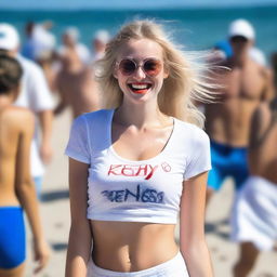 An 18-year-old, sexy Russian blonde supermodel with full makeup and red lipstick, participating in a wet t-shirt contest at the beach