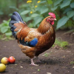 A detailed, colorful hen in a natural environment.