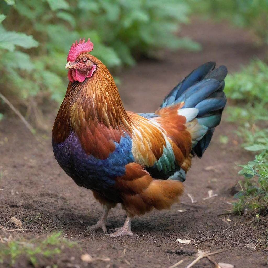 A detailed, colorful hen in a natural environment.