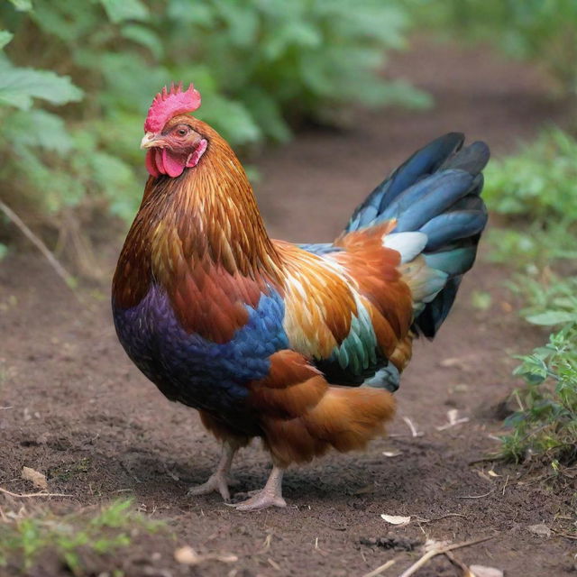 A detailed, colorful hen in a natural environment.