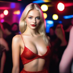 An 18-year-old Russian blonde supermodel with full makeup and red lipstick, wearing clothing that is too small for her large breasts