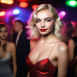 An 18-year-old Russian blonde supermodel with full makeup and red lipstick, wearing clothing that is too small for her large breasts