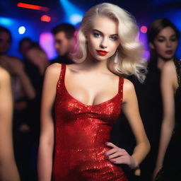 An 18-year-old Russian blonde supermodel with full makeup and red lipstick, wearing clothing that is too small for her large breasts