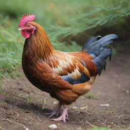 A detailed, colorful hen in a natural environment.