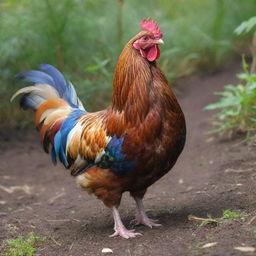 A detailed, colorful hen in a natural environment.