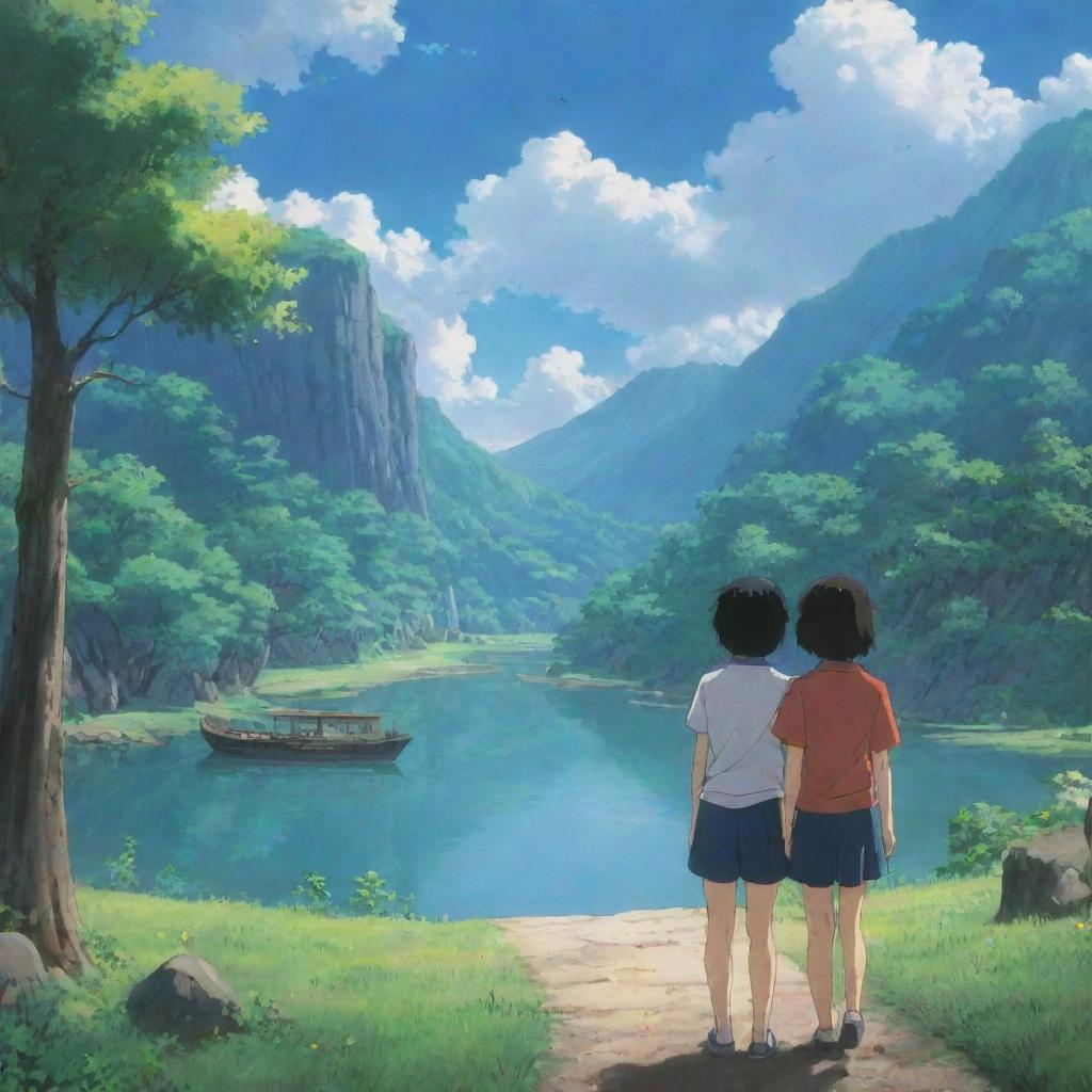 An iconic scene from a popular anime, full of emotion and detailed background landscapes.