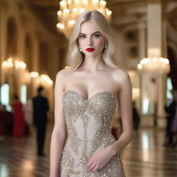 An 18-year-old Russian blonde supermodel with full makeup and red lipstick, wearing tight and elegant clothing that accentuates her large breasts