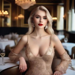 An 18-year-old Russian blonde supermodel with full makeup and striking red lipstick, wearing tight, luxurious clothing that accentuates her large breasts