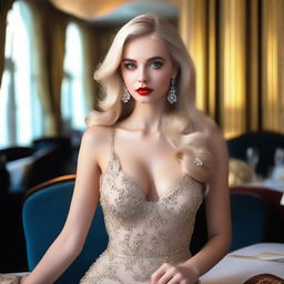 An 18-year-old Russian blonde supermodel with full makeup and striking red lipstick, wearing tight, luxurious clothing that accentuates her large breasts