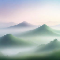 A serene landscape featuring mysterious hills shrouded in mist