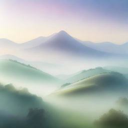 A serene landscape featuring mysterious hills shrouded in mist