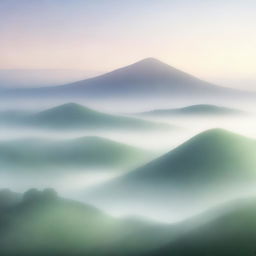 A serene landscape featuring mysterious hills shrouded in mist