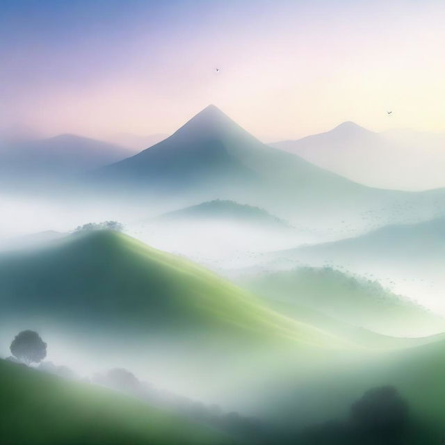 A serene landscape featuring mysterious hills shrouded in mist