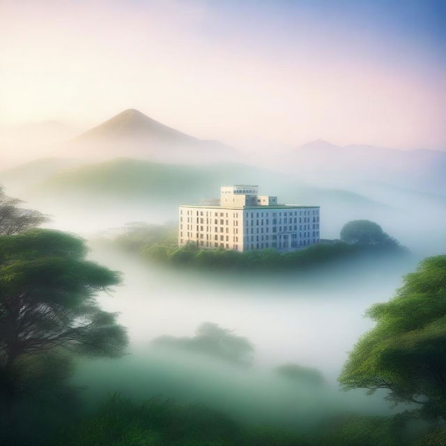 A serene landscape featuring mysterious hills shrouded in mist with a hospital building in the background