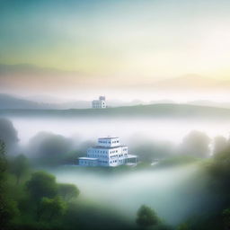 A serene landscape featuring mysterious hills shrouded in mist with a hospital building in the background