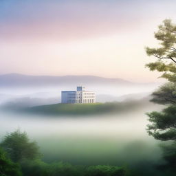 A serene landscape featuring mysterious hills shrouded in mist with a hospital building in the background