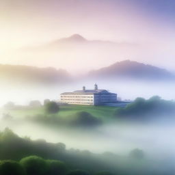 A serene landscape featuring mysterious hills shrouded in mist with a hospital building in the background