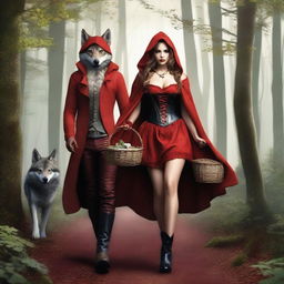 A realistic image of Little Red Riding Hood and the wolf walking through the forest