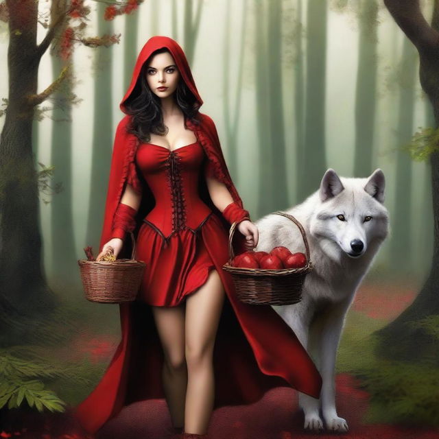 A realistic image of Little Red Riding Hood and the wolf walking through the forest