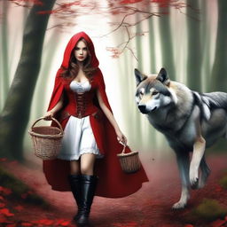 A realistic image of Little Red Riding Hood and the wolf walking through the forest