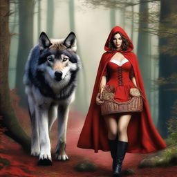 A realistic image of Little Red Riding Hood and the wolf walking through the forest