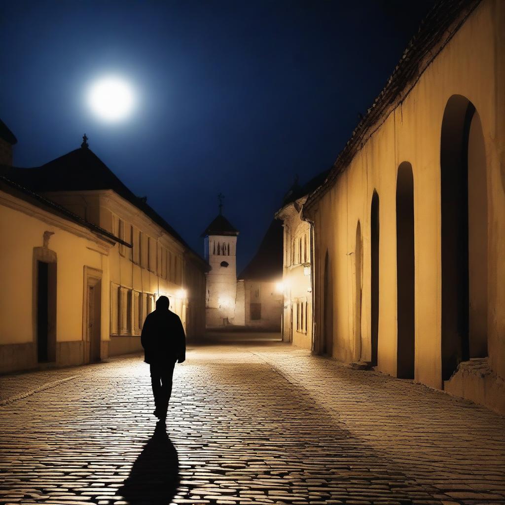 A serene yet mysterious scene of Cluj with its old city walls illuminated by bright moonlight