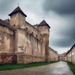 A somber scene of the city of Cluj featuring rundown fortress walls on a cloudy day