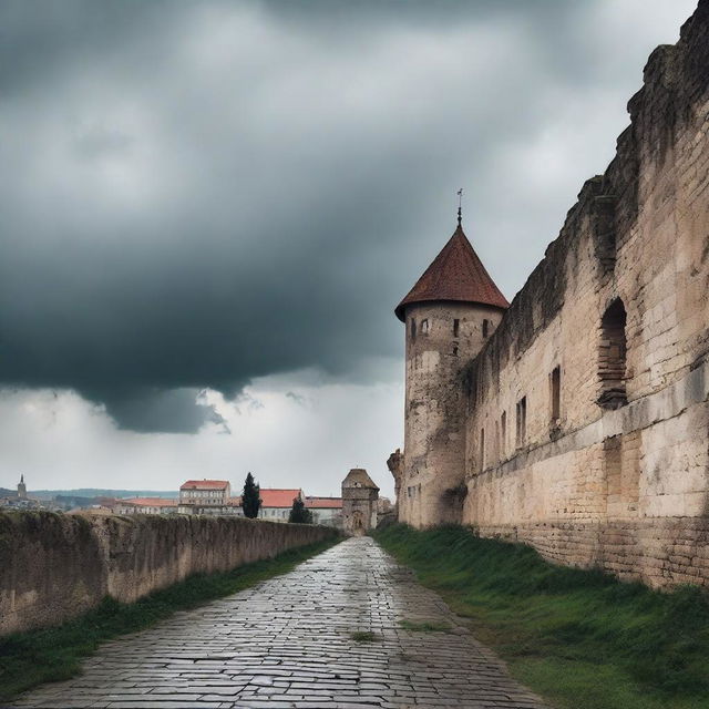 A somber scene of the city of Cluj featuring rundown fortress walls on a cloudy day