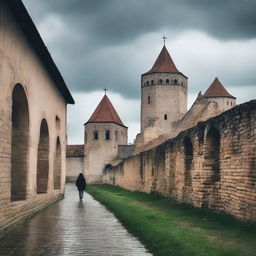 A somber scene of the city of Cluj featuring rundown fortress walls on a cloudy day